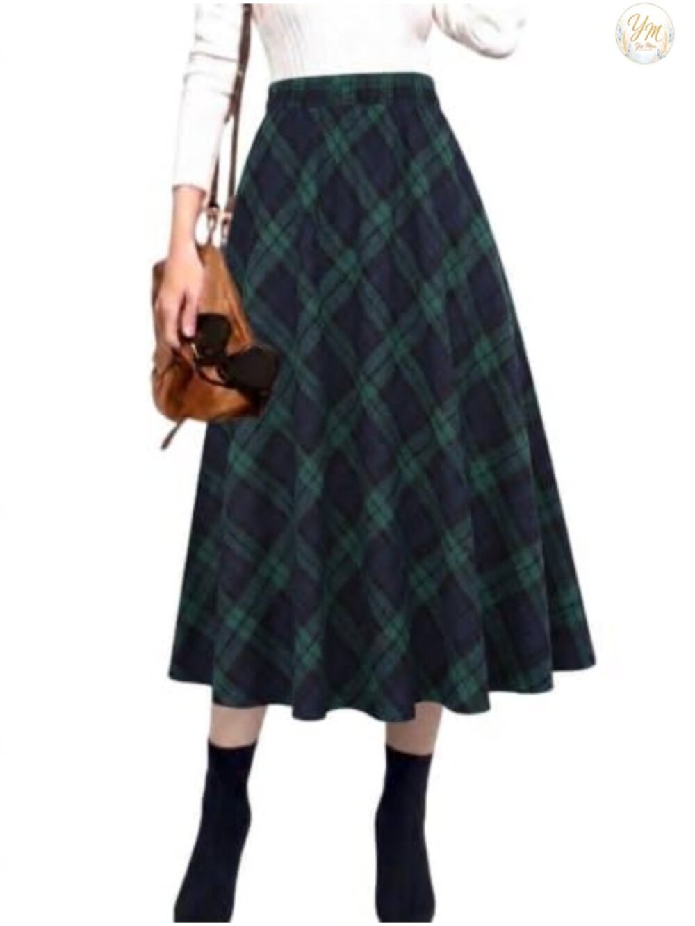 Women's Plaid A-Line Midi Pleated Skirt Elastic Waist Pull On